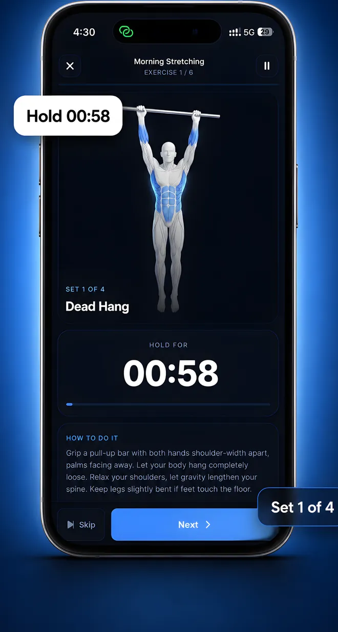 Tallify guided workout player showing an anatomy-based exercise.